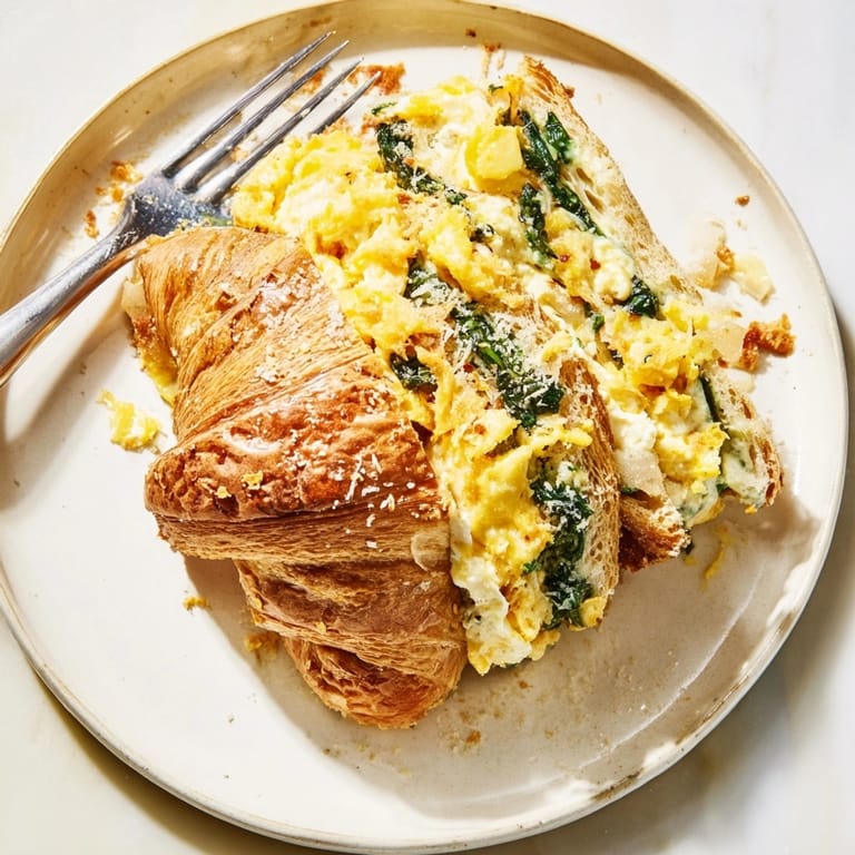 Slices of warm Ricotta Spinach Croissant Bake, custard set and ready to serve.