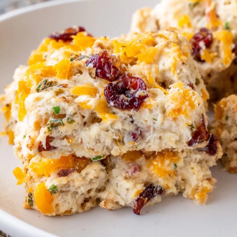 Warm cheddar biscuits packed with tangy cranberries and spicy jalapeño, ready to serve.  