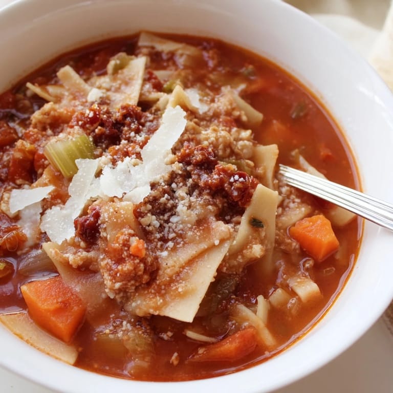 Comforting bowl of lasagne soup topped with creamy ricotta and tangy tapenade.  