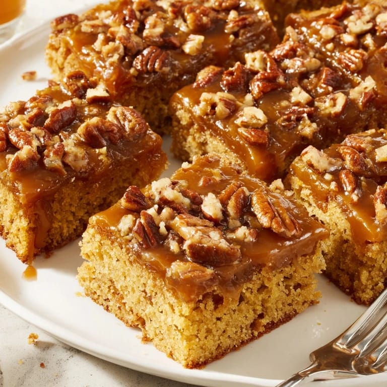 Crunchy pecans top this indulgent caramel pecan cookie sheet cake for dessert.