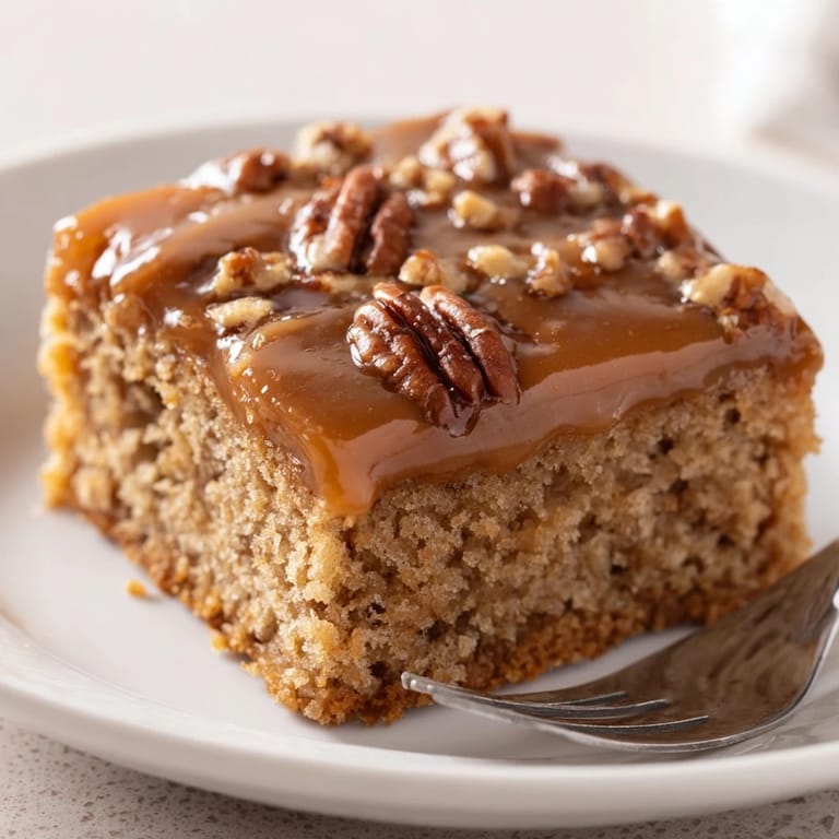 Luscious caramel pecan cookie sheet cake drizzled with warm caramel glaze and pecans.