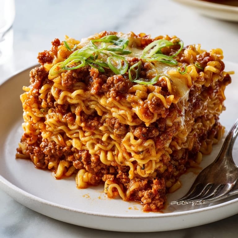 Delicious Spicy Ramen Lasagna topped with golden cheese, garnished with green onions.  