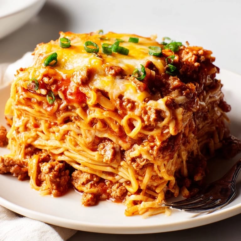 Flavor-packed Spicy Ramen Lasagna featuring ramen noodles and bold, tangy meat sauce.