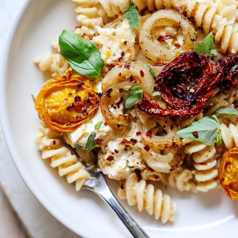 Delicious Baked Feta Pasta topped with fresh basil and a drizzle of olive oil.  