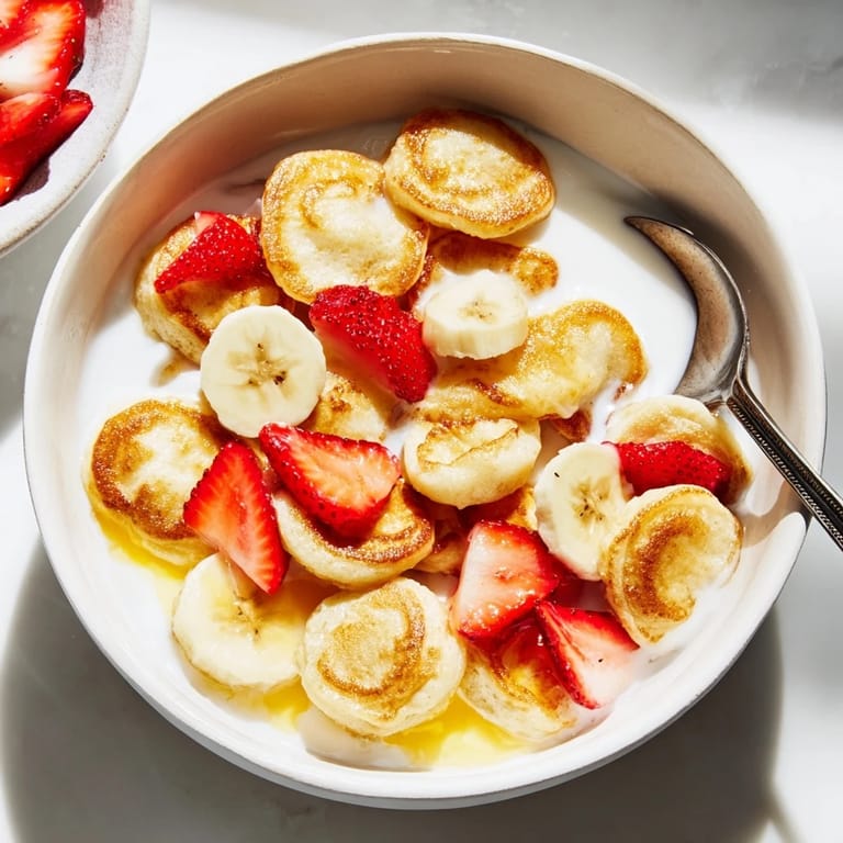 Delightful mini pancake cereal served with milk, perfect for a fun breakfast.  