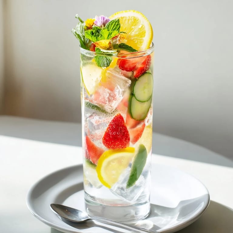Ice-cold flavored water mocktails garnished with lemon wheels and cucumber slices.