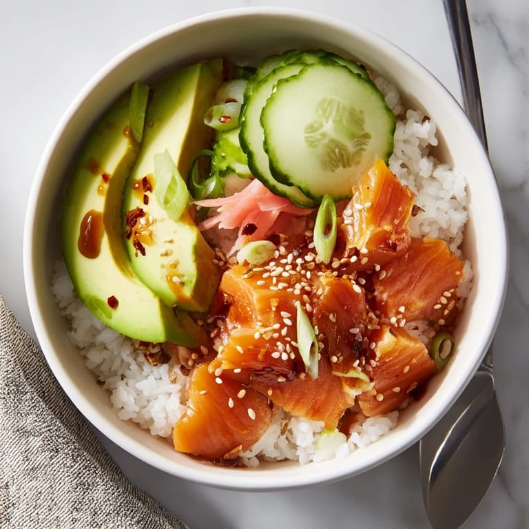 Quick microwave salmon and rice bowl, drizzled with soy sauce and sesame oil.  