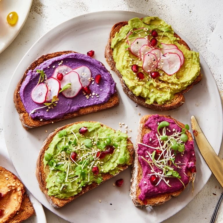 Colorful Bright & Bold Breakfast Toasts with creamy ube spread and festive toppings.  