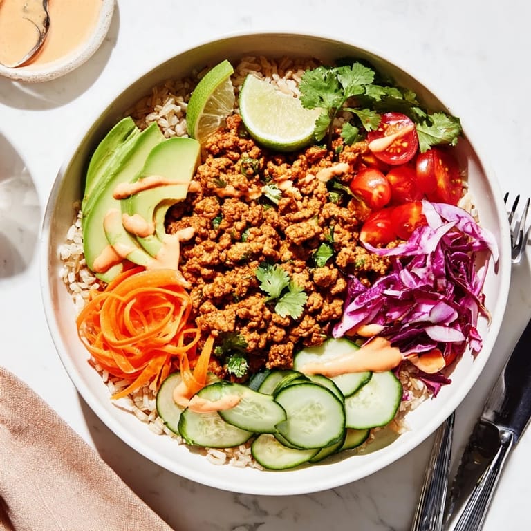 Satisfying plant-based meat bowl drizzled with spicy mayo and garnished with cilantro.  