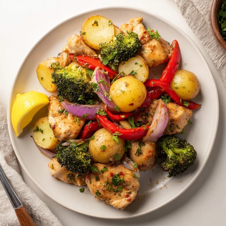 Juicy Lazy Gourmet Chicken & Vegetable One-Pot garnished with fresh parsley and lemon.  