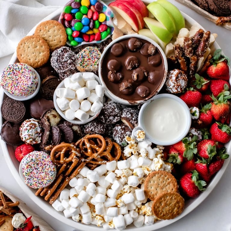 Delicious dessert boards with cookies, chocolates, and dips for party enjoyment.