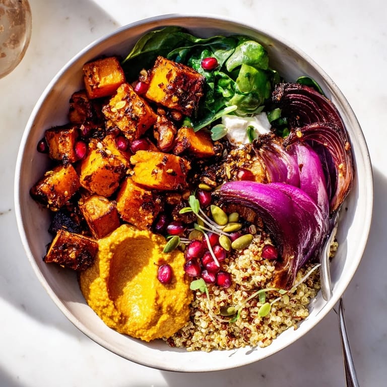 Nutrient-packed spiced winter bowls topped with crunchy pistachio-maple crumble and greens.  