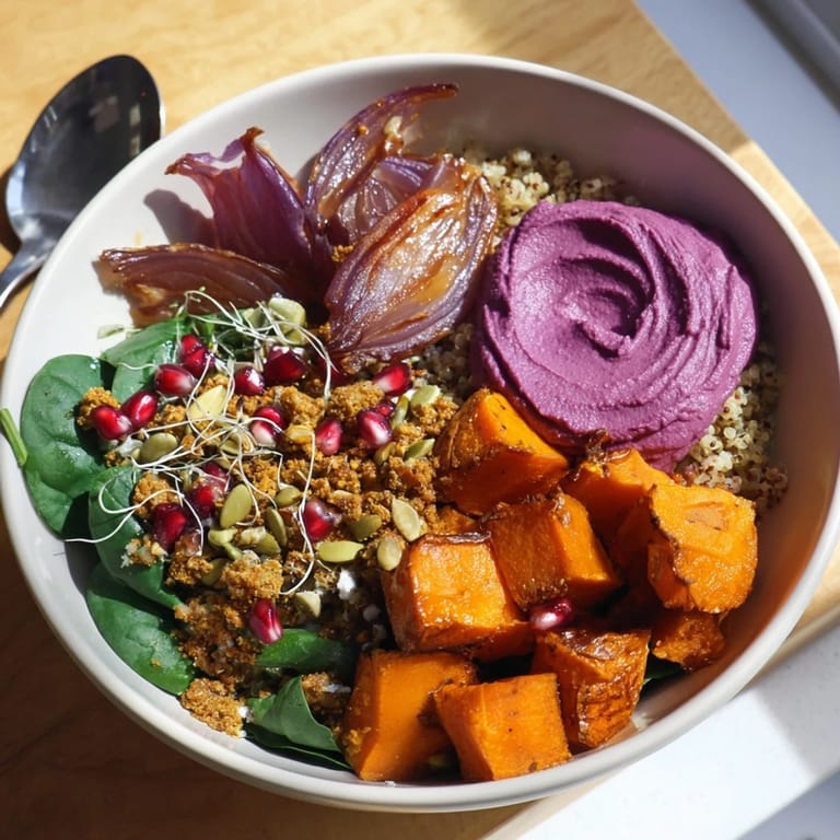 Hearty spiced winter bowls showcasing colorful roasted vegetables and sweet pomegranate seeds.