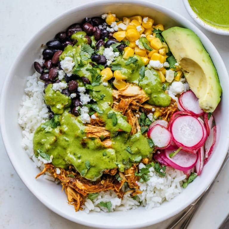 Colorful green enchiladas rice bowl with zesty sauce, beans, and lime wedges.