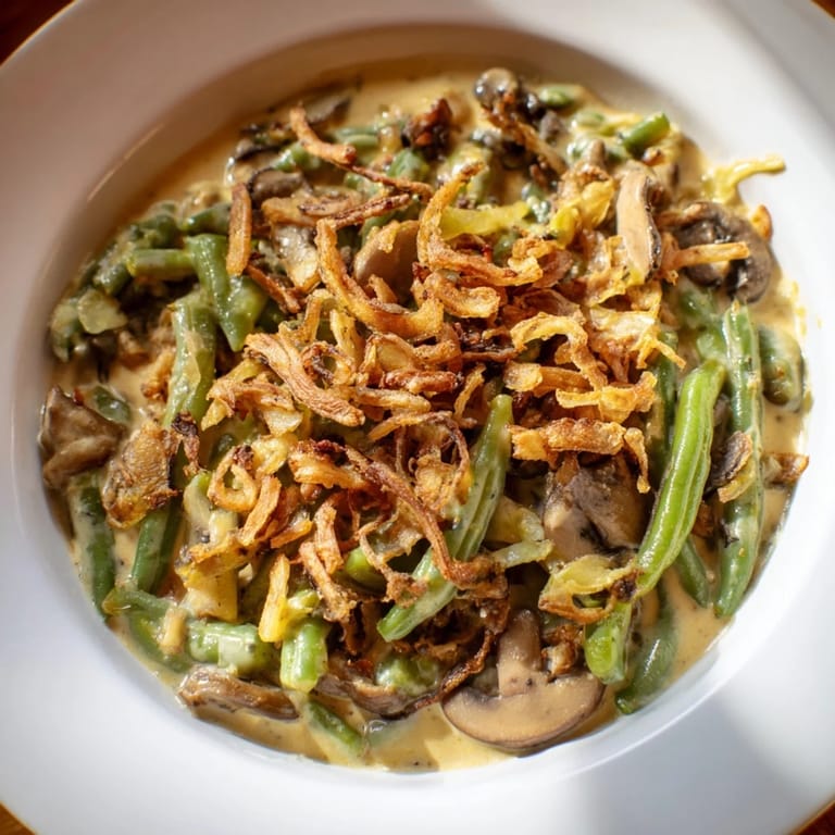 Classic Old-School Green Bean Casserole served hot, a must-have for family feasts.
