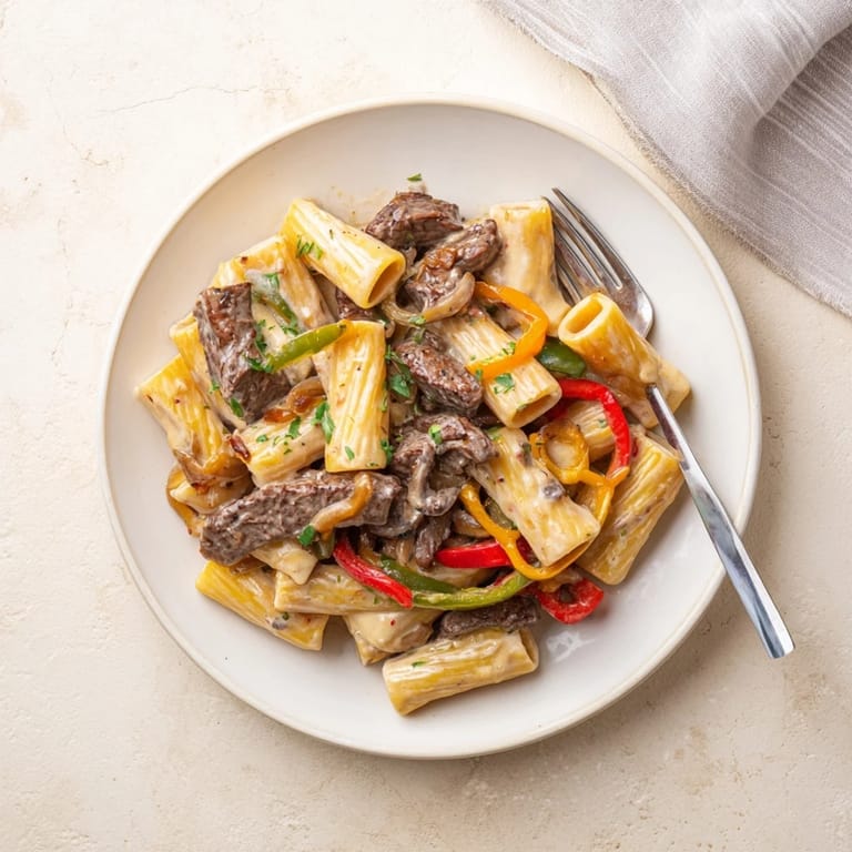 Delicious Philly Cheese Steak Pasta with tender beef and vibrant sautéed vegetables.  