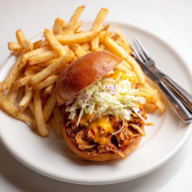 Tender BBQ chicken sliders topped with coleslaw, served alongside golden crispy fries.