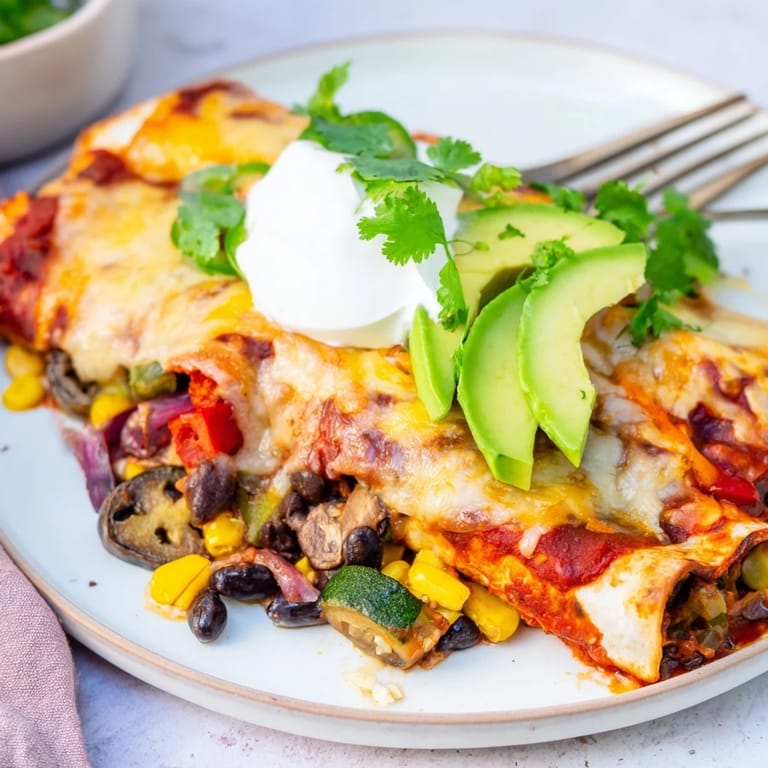 Delicious Farmers Market Vegetarian Enchiladas bursting with colorful vegetables and creamy sauce.  