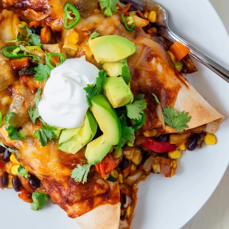 Savory Farmers Market Vegetarian Enchiladas served with avocado and a squeeze of lime.