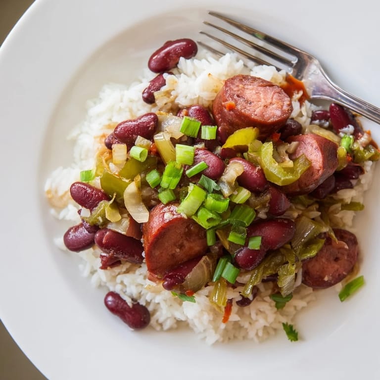 Colorful bowl of red beans and rice, garnished with hot sauce and herbs.