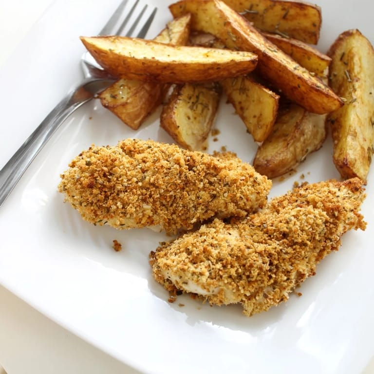 Fragrant herbed chicken tenders alongside golden, seasoned potato wedges, perfect for dinner tonight.