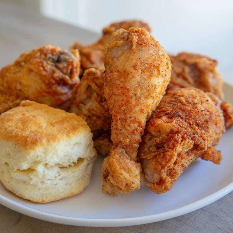Close-up of crispy Southern Fried Chicken and light, flaky buttermilk biscuits, perfect soul food.