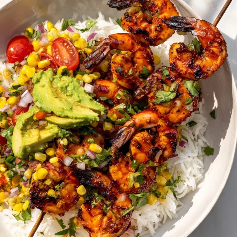 Easy Grilled Shrimp Bowl brimming with juicy shrimp, creamy avocado salsa, and fluffy rice, ready to eat.