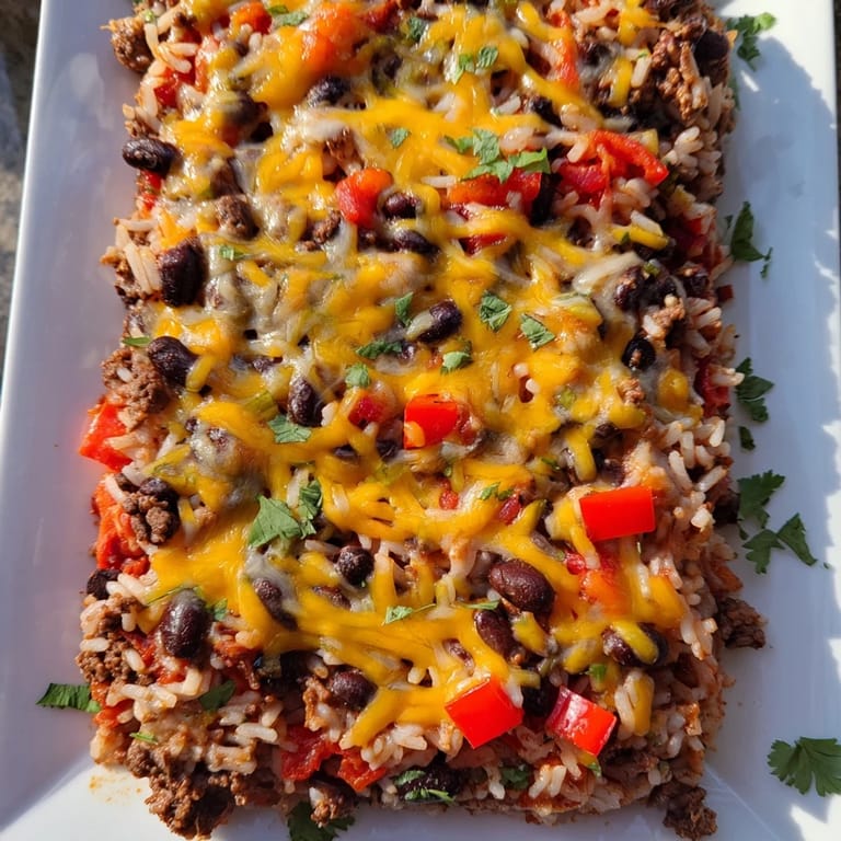 A delicious, cheesy Tex-Mex Beef & Rice Casserole, loaded with savory beef, beans, and fresh cilantro.