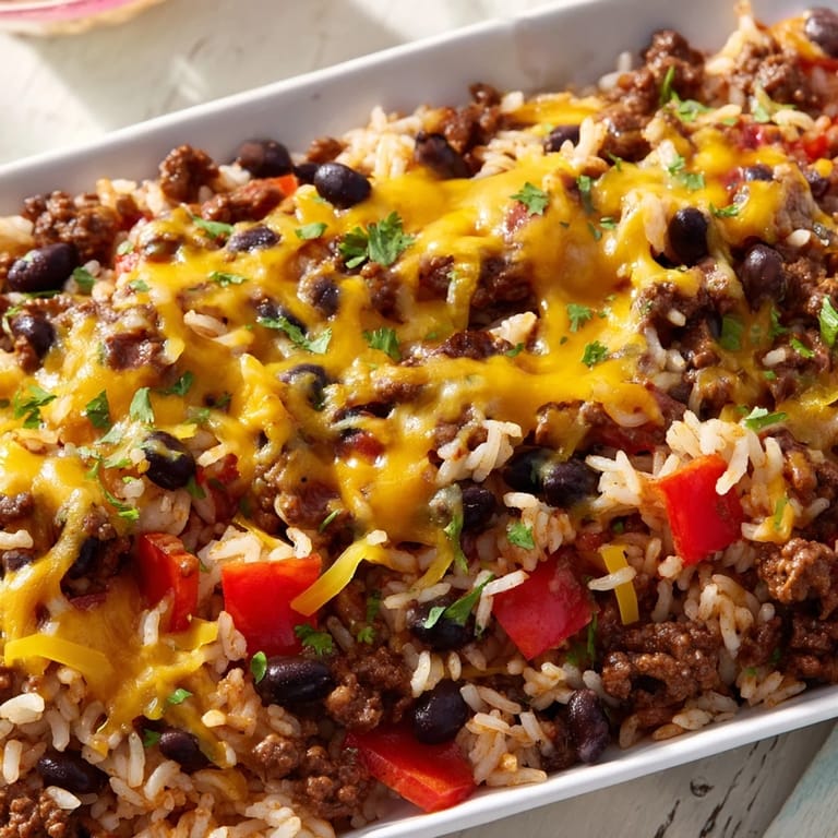 Close-up of a Tex-Mex Beef & Rice Casserole, showcasing melted cheddar over a flavorful, chunky bake.