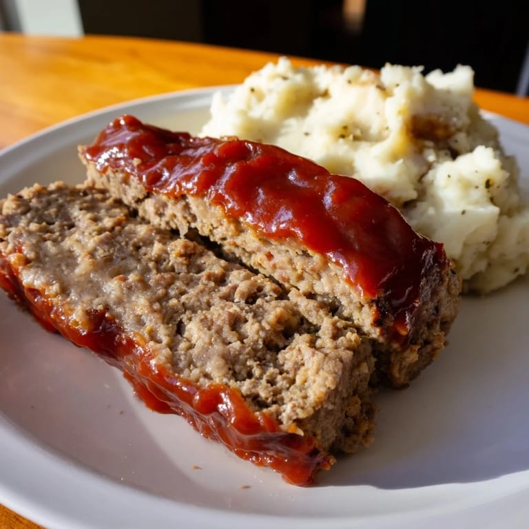 Golden-crusted Classic Meatloaf & Mashed Potatoes, featuring a glistening glaze, ready to serve beautifully.