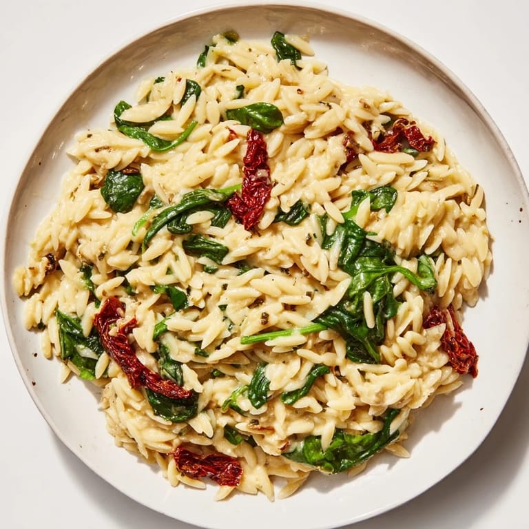 This close-up showcases a creamy, delicious Creamy Tuscan Orzo Bowl, seasoned with fresh Italian herbs and Parmesan.