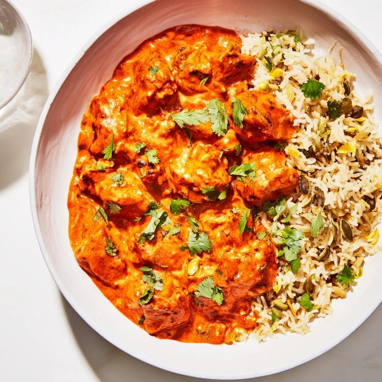 Creamy Butter Chicken, rich with spices, perfect with the light, aromatic rice pilaf for dinner.