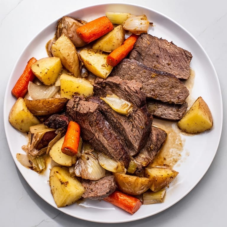 Close-up shot of a succulent Sunday Pot Roast with roasted carrots and potatoes, perfect for dinner.