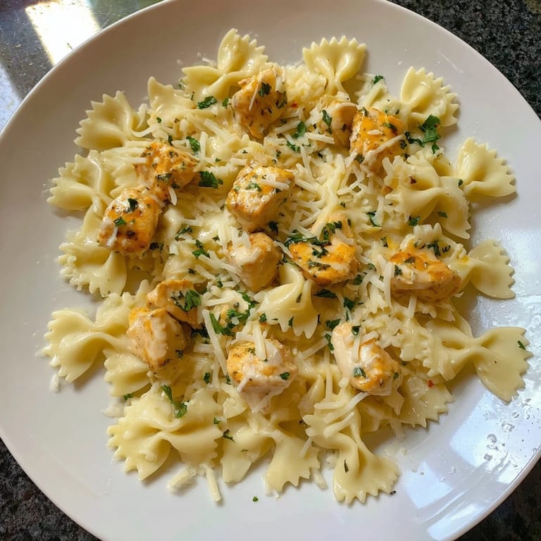 A close-up of mozzarella garlic butter chicken bowties showing the melted cheese and tender chicken pieces.