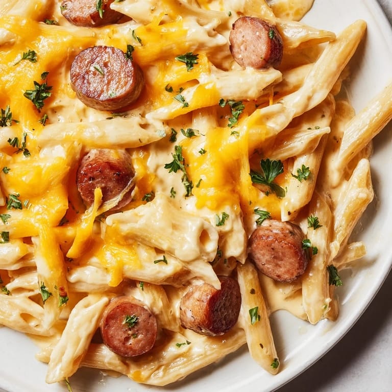 A flavorful Smoked Sausage & Cheddar Pasta Bake, showcasing bubbly cheese atop a hearty, cheesy casserole.