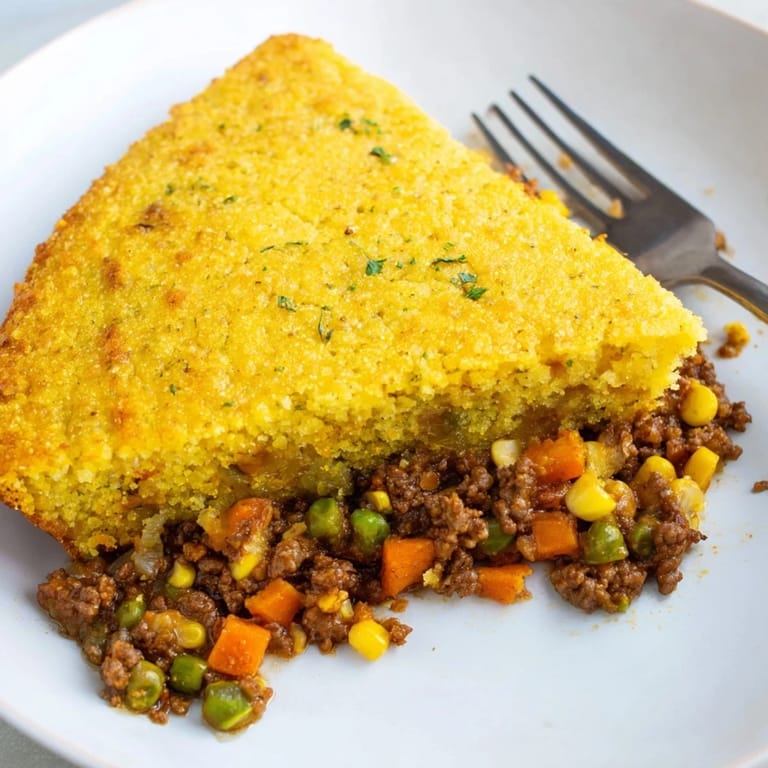 Close-up of a rustic Cornbread Crusted Beef Pie, showing a hearty beef filling and delicious crust.