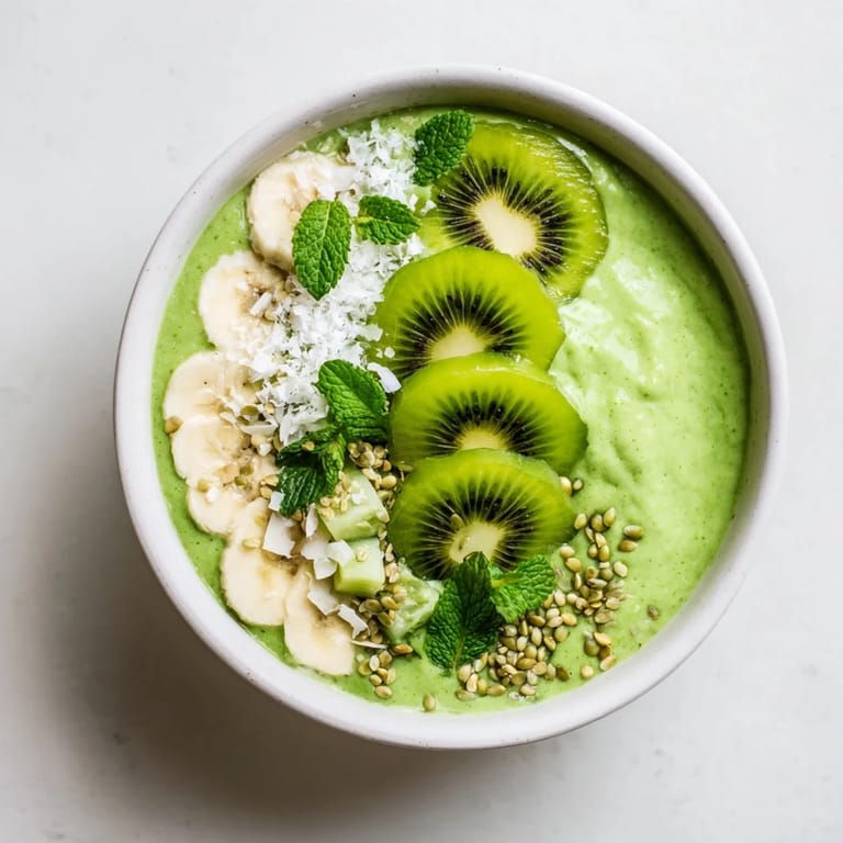 A close-up of a brightly colored green smoothie bowl with kale, ready to be enjoyed!