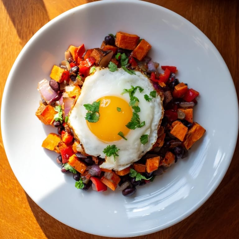 Savory Sweet Potato & Black Bean Breakfast Hash, with a sprinkle of cilantro, ready to be served.