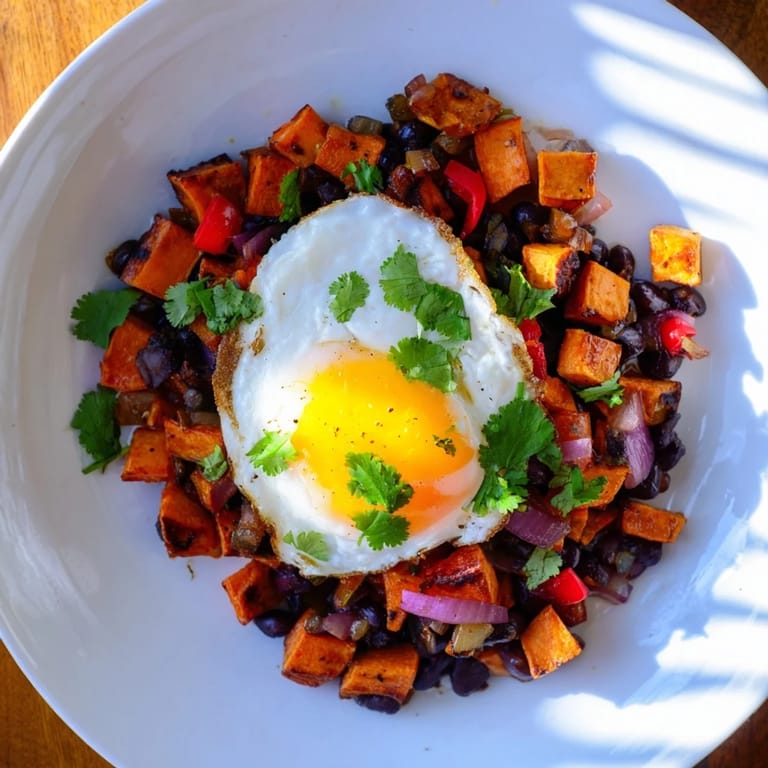 Sizzling skillet of Sweet Potato & Black Bean Breakfast Hash: a colorful, flavorful American breakfast dish.