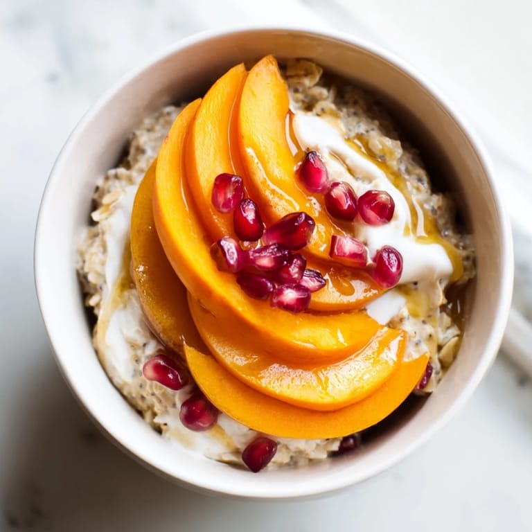 A close-up of chilled Overnight Oats with Persimmon, ready to eat with a drizzle of honey.