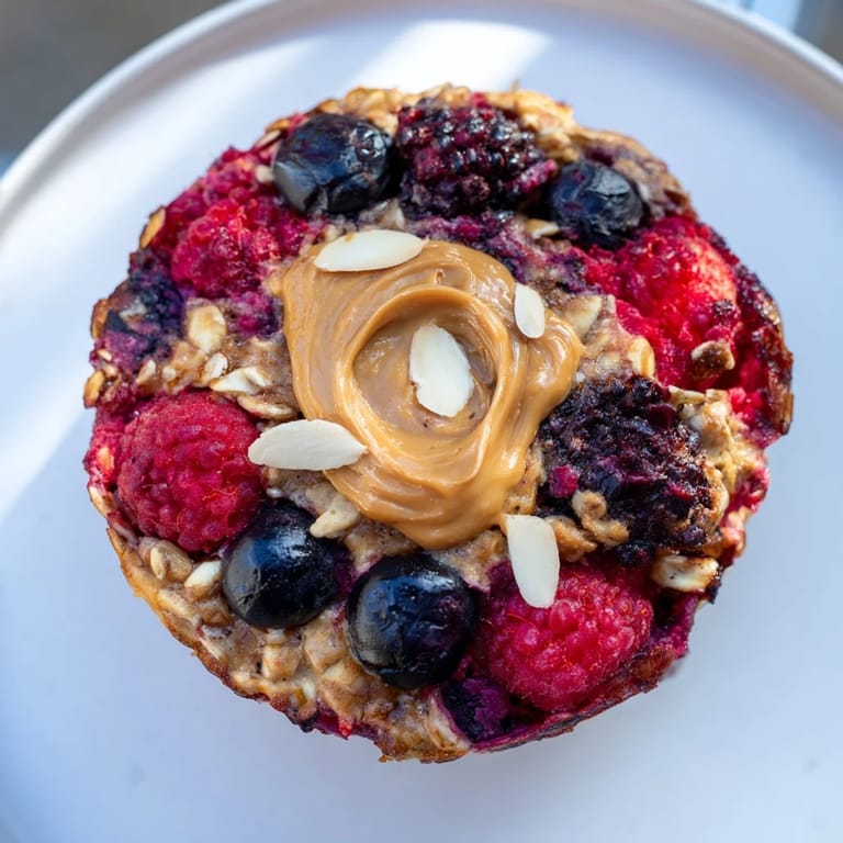 Close-up of steaming Baked Oatmeal Cups, bursting with colorful berries and a swirl of almond butter.