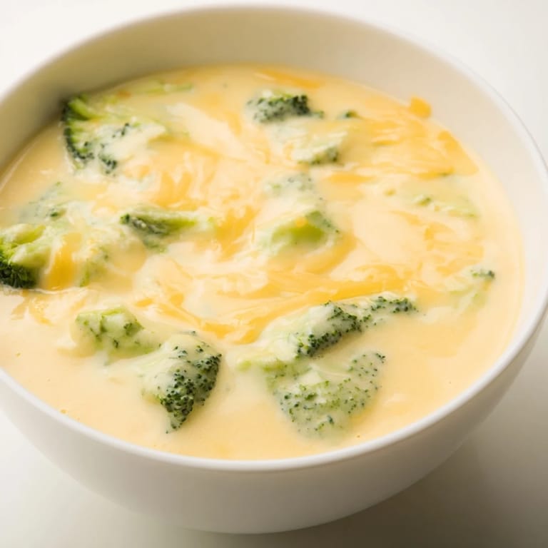 A close-up shot of a rich, golden Broccoli Cheese Soup, ready to be served hot.