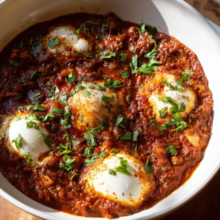 Close-up of golden yolks and flavorful tomato sauce in a delicious Shakshuka, perfect for breakfast.