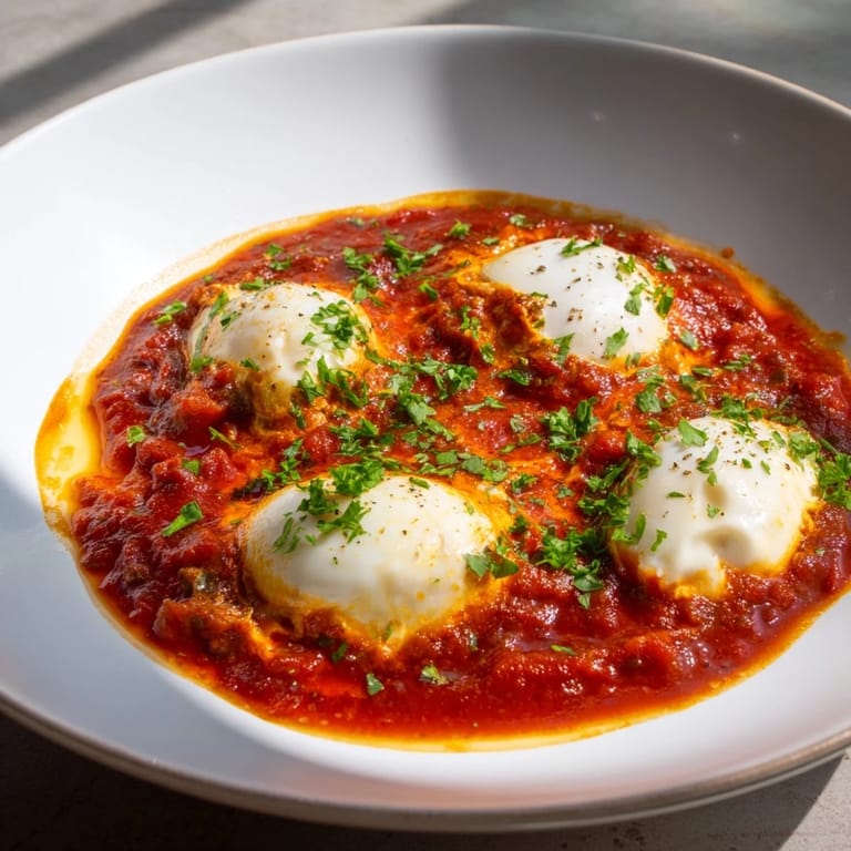 A skillet of savory Shakshuka bubbling with tomatoes, peppers, and spices, an easy Middle Eastern brunch.