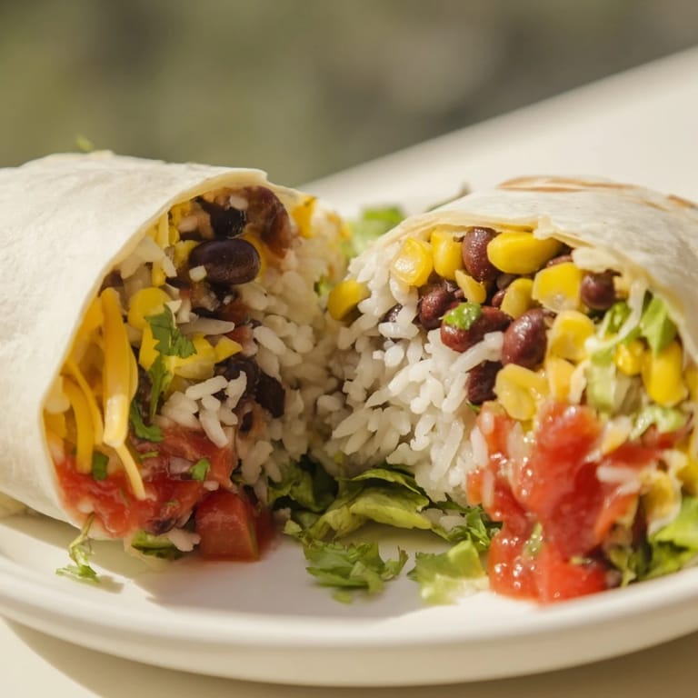 Homemade rice and bean burritos, visually appealing with vibrant fillings and a soft tortilla.