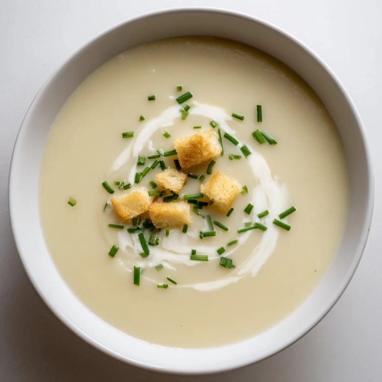 Simmering pot of Potato Leek Soup, the French classic ready to blend for a flavorful, easy meal.