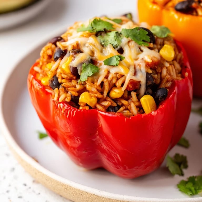 Close-up of golden brown, cheesy stuffed bell peppers, bursting with a flavorful, hearty filling.