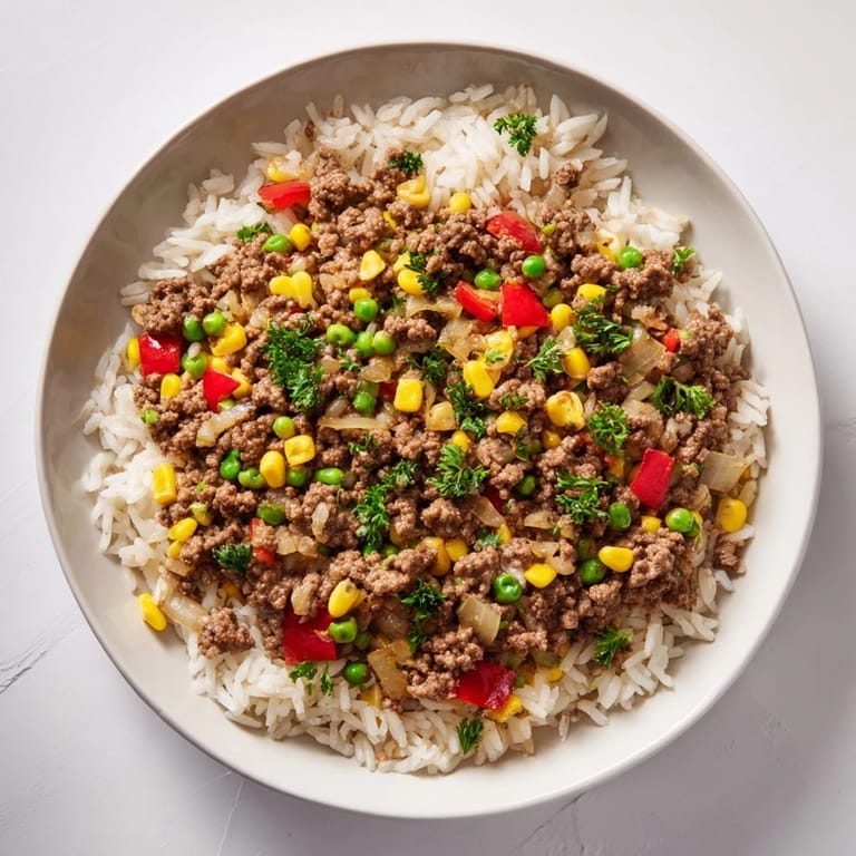Golden-brown Ground Beef Skillet with vibrant peppers and corn is a flavorful, complete dinner.
