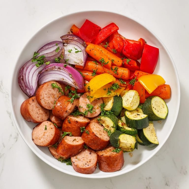 Sizzling sheet-pan with colorful Sheet-Pan Roasted Veggies & Sausage, ready for a flavorful dinner.