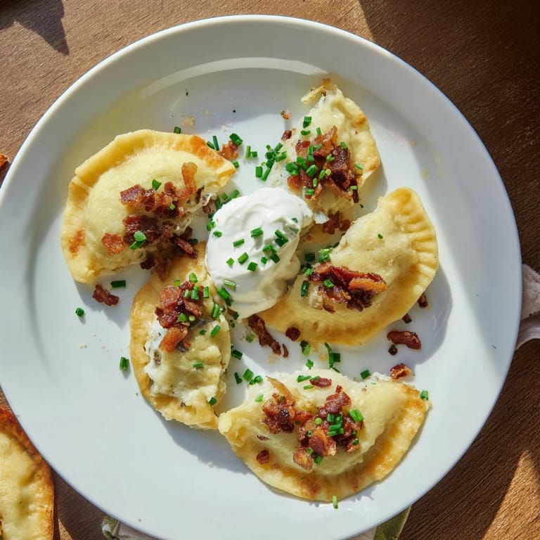 Savory Loaded Baked Potato Soup Dumplings arranged on a platter, ready to serve as a satisfying starter.